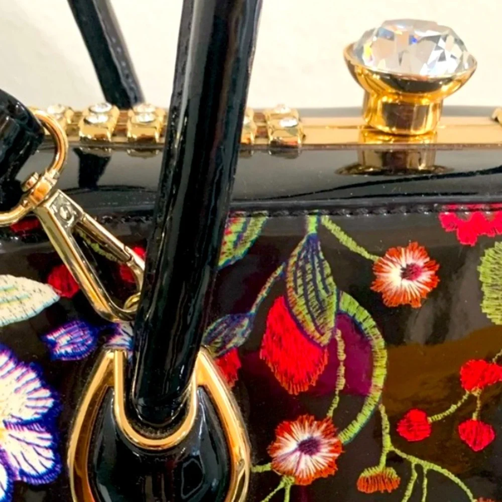 Floral & Giant Rhinestone Frame Satchel Hardshell Purse Crossbody Medium-Large - Picture 5 of 7